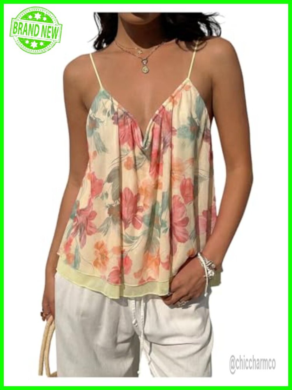 Floral Mesh Camisole Deep V Neck Backless Summer Vacation Top